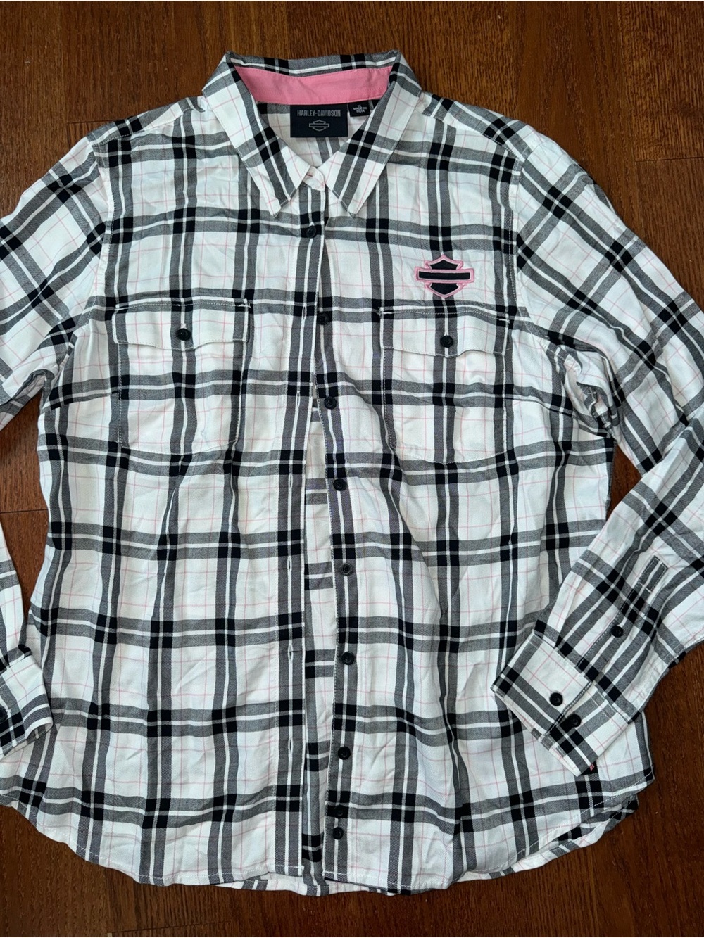 Harley-Davidson White & Black Plaid Button-Down Shirt with Pink Accent